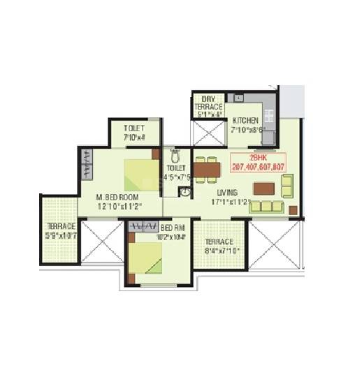 Floor plan of 2 BHK 775 Sq. Ft. Apartment in Konark Grand Casa, Pune