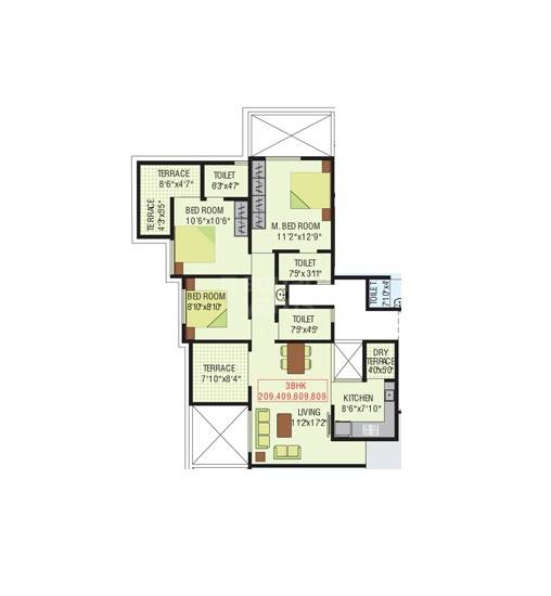 Floor plan of 3 BHK 928 Sq. Ft. Apartment in Konark Grand Casa, Pune
