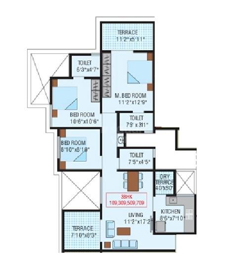 Floor plan of 3 BHK 934 Sq. Ft. Apartment in Konark Grand Casa, Pune
