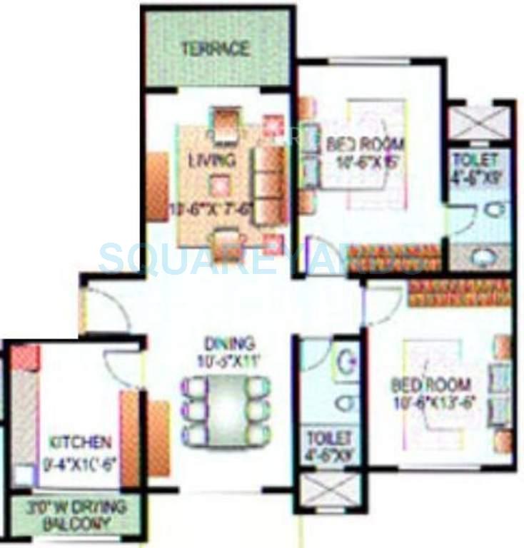 Floor plan of 2 BHK 1110 Sq. Ft. Apartment in Konark Indrayu Enclave I, Pune