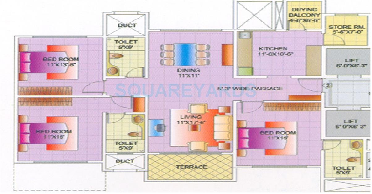 Floor plan of 3 BHK 1560 Sq. Ft. Apartment in Konark Indrayu Enclave II, Pune