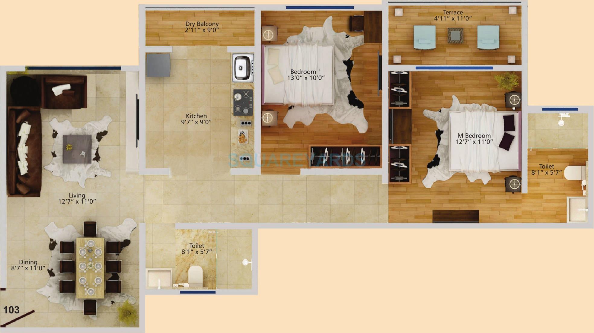Floor plan of 2 BHK Apartment - 1205 sq. ft. in Konark Krest, Pune