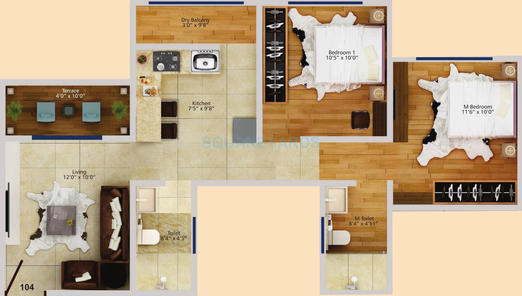 Floor plan of 2 BHK Apartment - 850 sq. ft. in Konark Krest, Pune