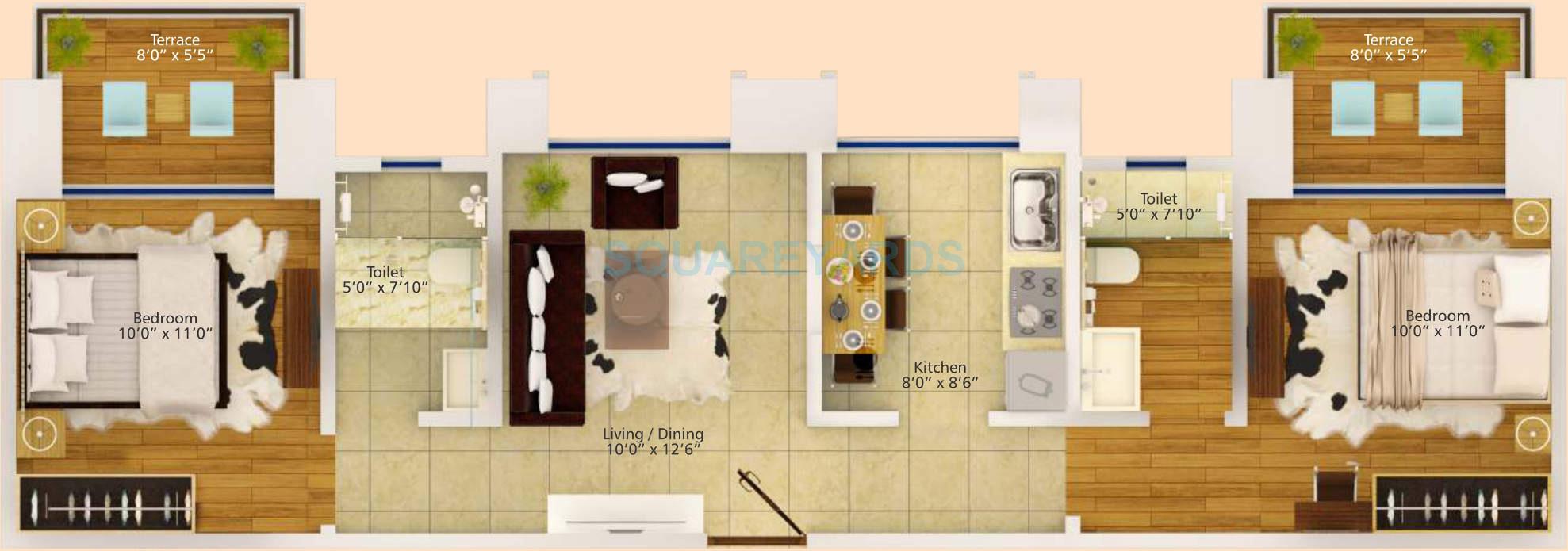 Floor plan of 2 BHK 1280 Sq. Ft. Apartment in Konark Krish 2, Pune