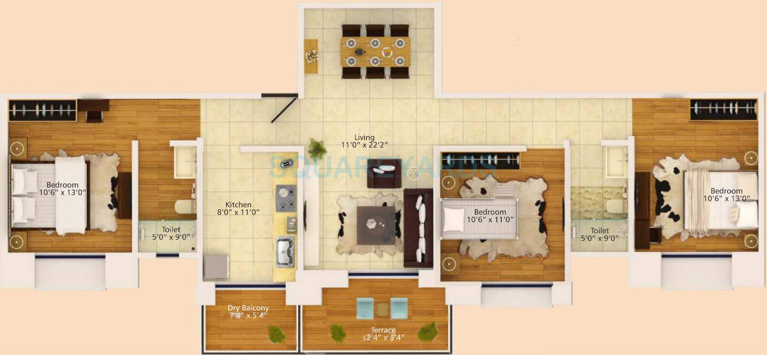 Floor plan of 3 BHK 1395 Sq. Ft. Apartment in Konark Krish 2, Pune