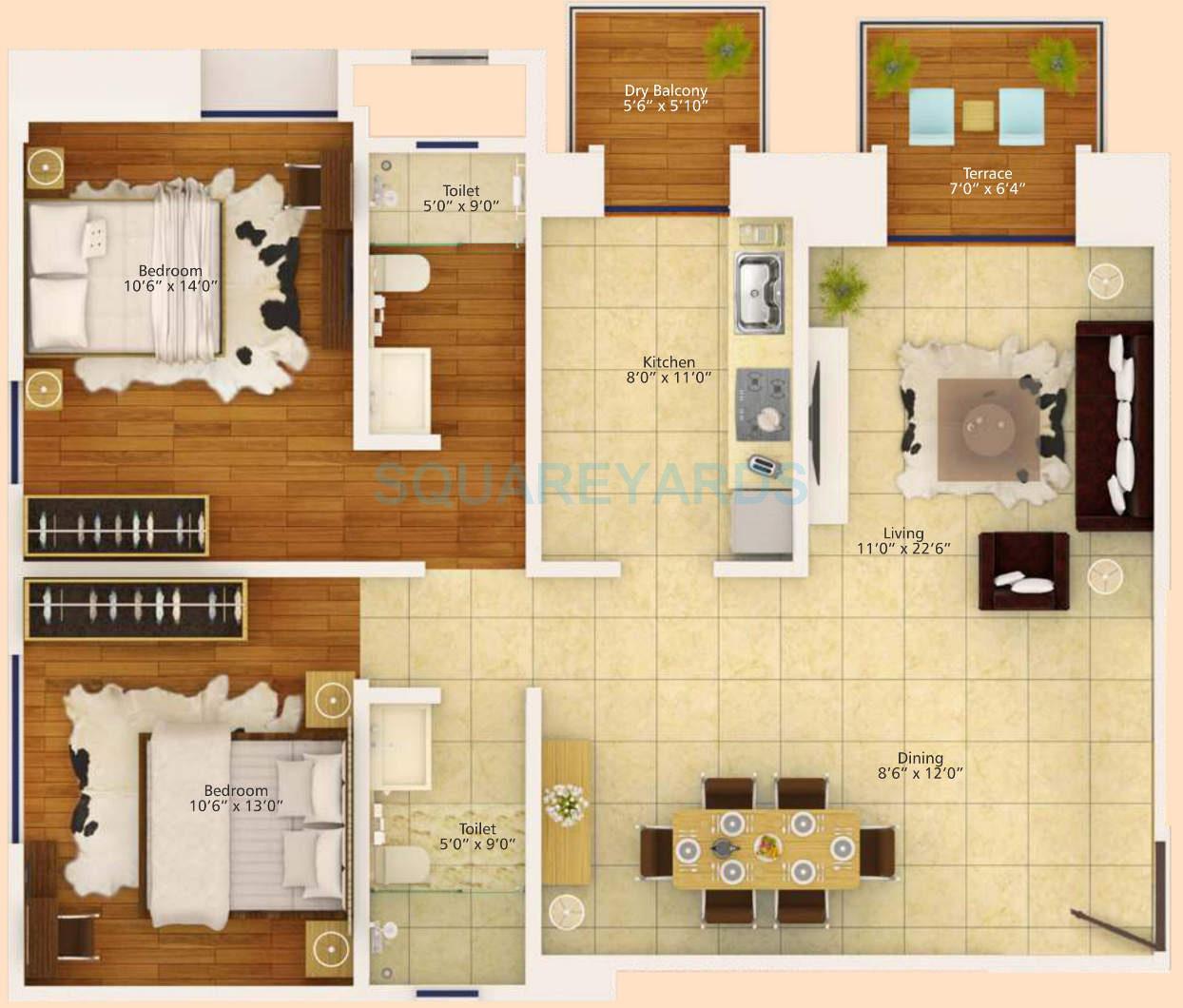Floor plan of 2 BHK 875 Sq. Ft. Apartment in Konark Krish 2, Pune