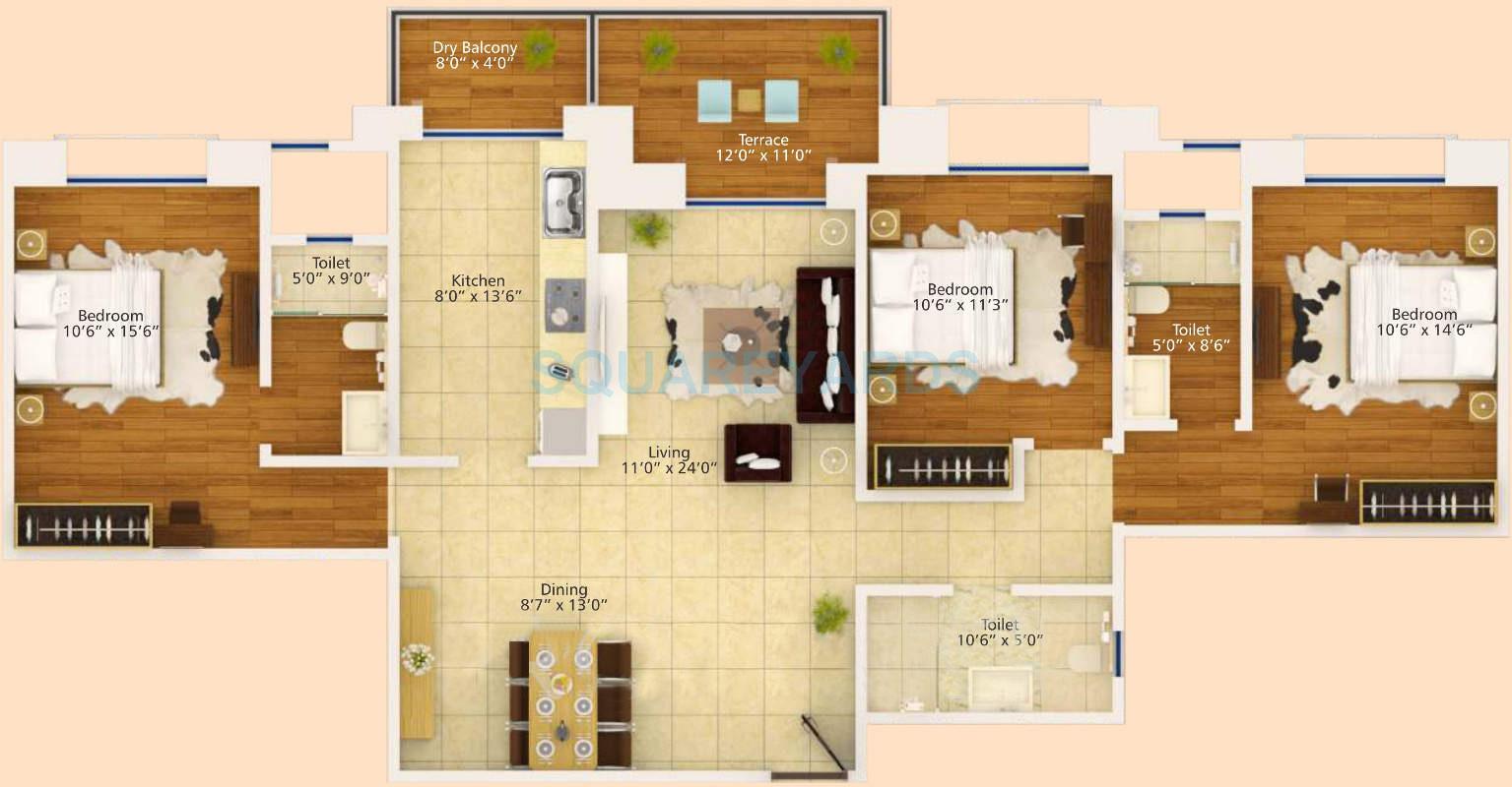 Floor plan of 3 BHK 1715 Sq. Ft. Apartment in Konark Krish 2, Pune