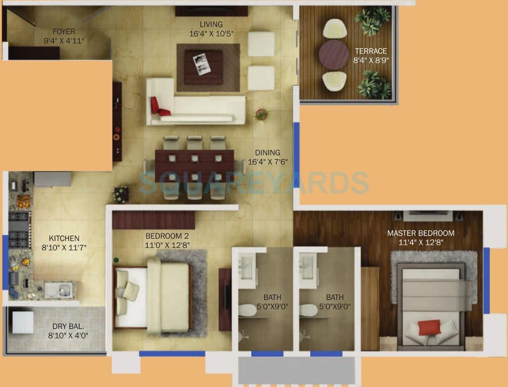 Floor plan of 2 BHK 1280 Sq. Ft. Apartment in Konark Krish, Pune