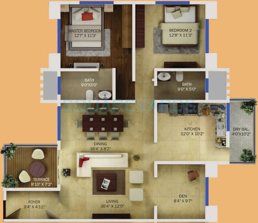 Floor plan of 2 BHK 1395 Sq. Ft. Apartment in Konark Krish, Pune