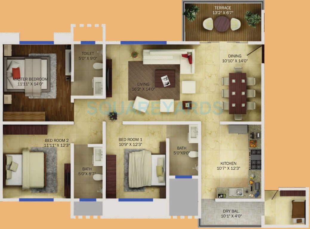Floor plan of 3 BHK 1715 Sq. Ft. Apartment in Konark Krish, Pune