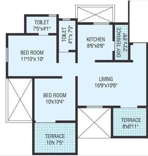 Floor plan of 2 BHK 758 Sq. Ft. Apartment in Konark Yashoda Angan, Pune