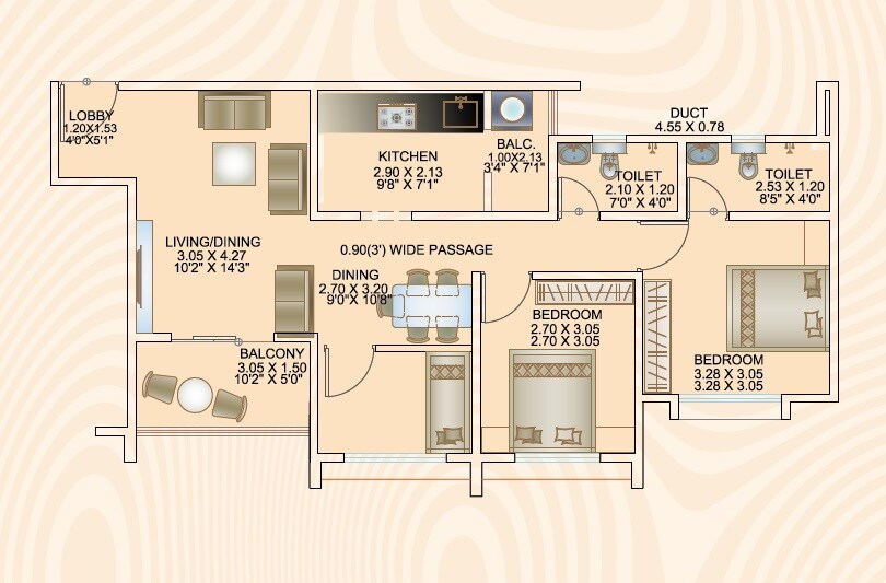 Floor plan of 2 BHK 756 Sq. Ft. Apartment in Konbil Konifer, Pune