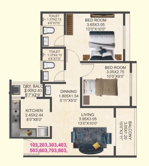 Floor plan of 2 BHK 725 Sq. Ft. Apartment in Kondhare 4 Flamingos, Pune