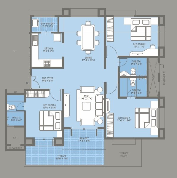 Floor plan of 3 BHK 1056 Sq. Ft. Apartment in Kool Homes Blue Lotus, Pune