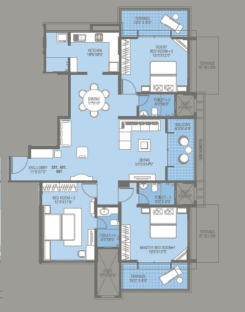 Floor plan of 3 BHK 1185 Sq. Ft. Apartment in Kool Homes Blue Lotus, Pune