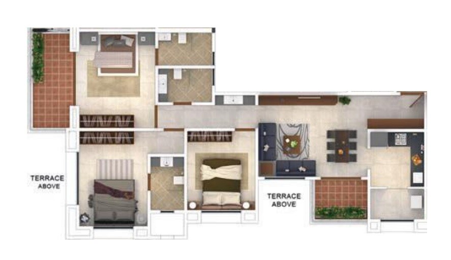 Floor plan of 3 BHK 721 Sq. Ft. Apartment in Kool Homes Panchamrut Apartment, Pune