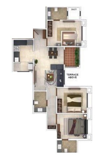 Floor plan of 3 BHK 837 Sq. Ft. Apartment in Kool Homes Panchamrut Apartment, Pune