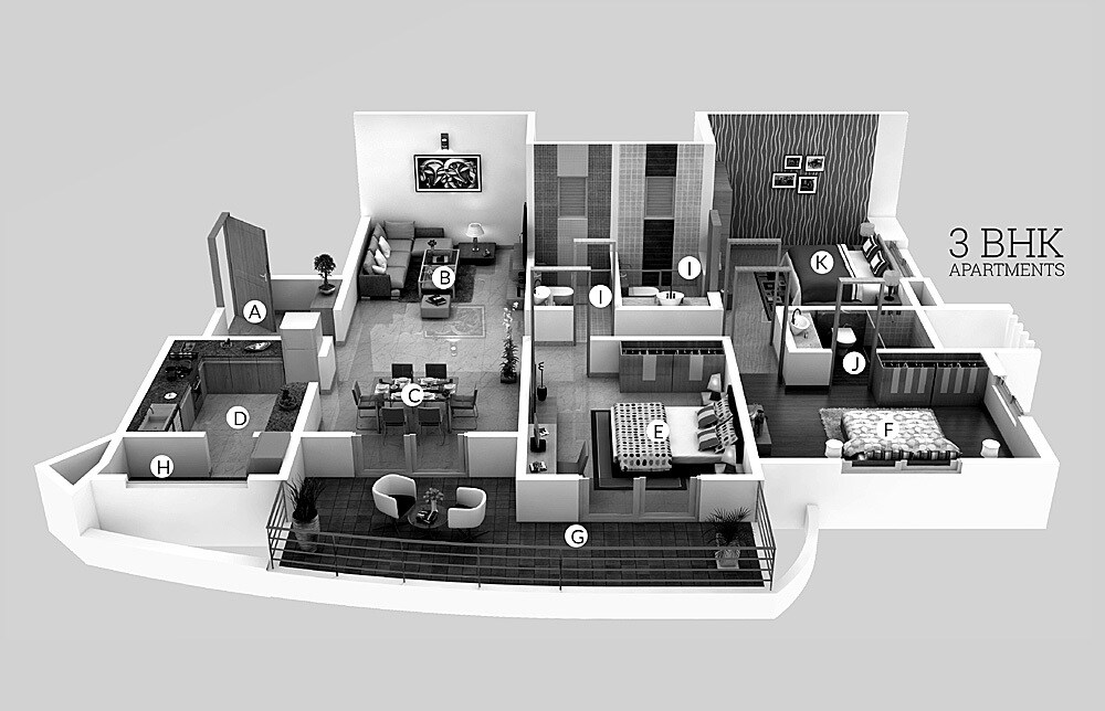 Floor plan of 3 BHK 1110 Sq. Ft. Apartment in Kool Homes Signature, Pune