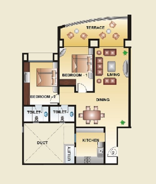 Floor plan of 2 BHK 1047 Sq. Ft. Apartment in Kool Homes Solitaire I, Pune