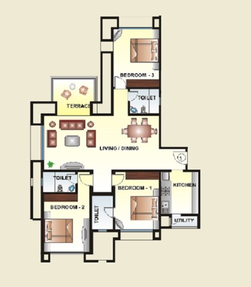 Floor plan of 3 BHK 1219 Sq. Ft. Apartment in Kool Homes Solitaire I, Pune