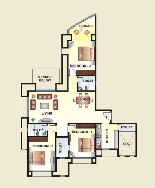 Floor plan of 3 BHK 1227 Sq. Ft. Apartment in Kool Homes Solitaire I, Pune