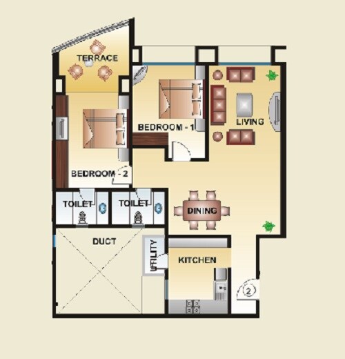 Floor plan of 2 BHK 749 Sq. Ft. Apartment in Kool Homes Solitaire II, Pune