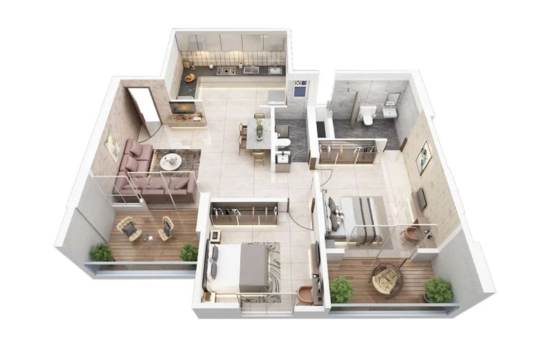 Floor plan of 2 BHK 727 Sq. Ft. Apartment in Koral Aeternaa, Pune
