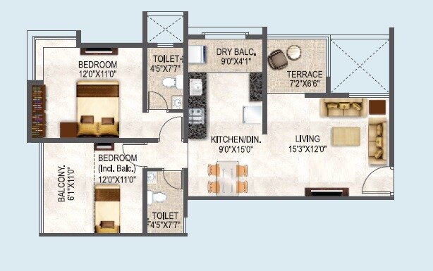 Floor plan of 2 BHK 510 Sq. Ft. Apartment in Kotibhaskar Aaravi, Pune