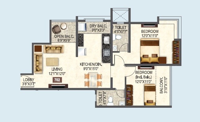 Floor plan of 2 BHK 821 Sq. Ft. Apartment in Kotibhaskar Aaravi, Pune