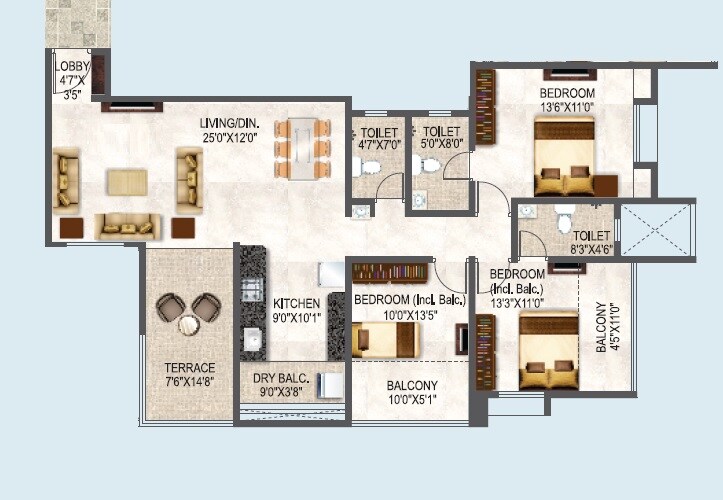 Floor plan of 3 BHK 1067 Sq. Ft. Apartment in Kotibhaskar Aaravi, Pune