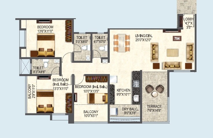 Floor plan of 3 BHK 939 Sq. Ft. Apartment in Kotibhaskar Aaravi, Pune