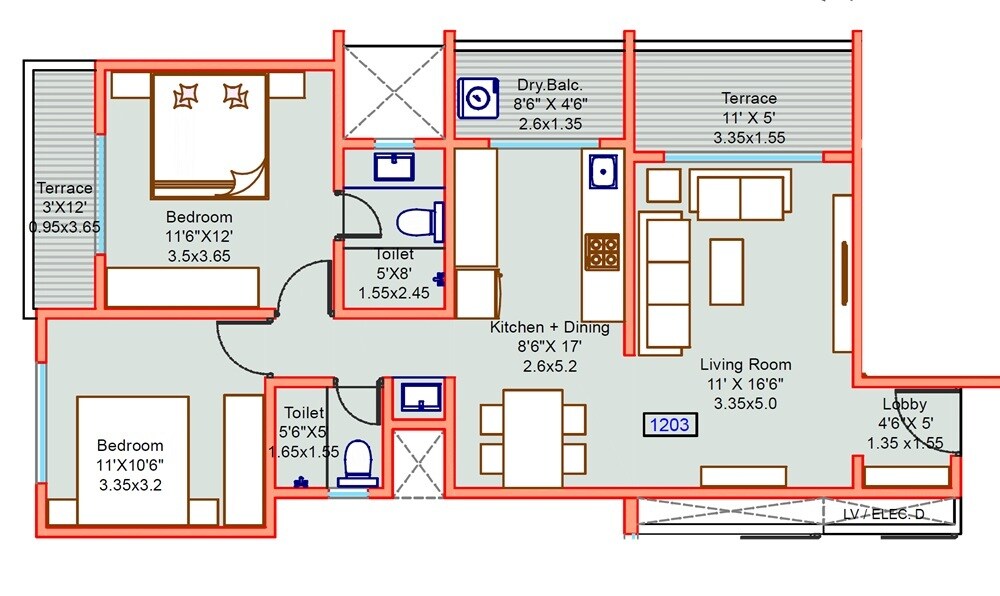 Floor plan of 2 BHK 850 Sq. Ft. Apartment in Kotibhaskar Aditya, Pune