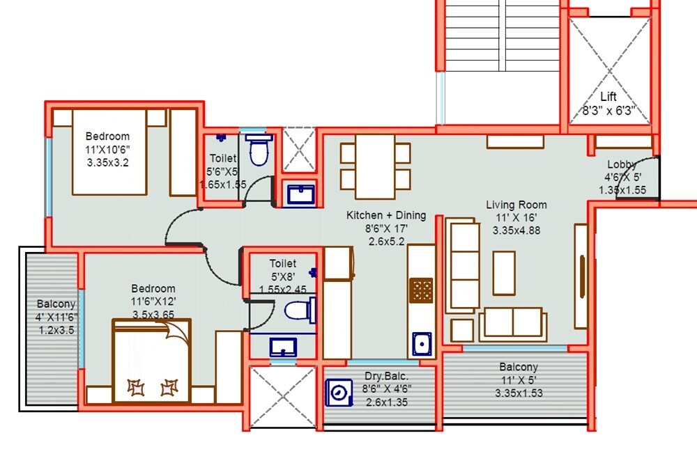Floor plan of 2 BHK 900 Sq. Ft. Apartment in Kotibhaskar Aditya, Pune