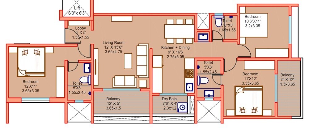 Floor plan of 3 BHK 1100 Sq. Ft. Apartment in Kotibhaskar Aditya, Pune