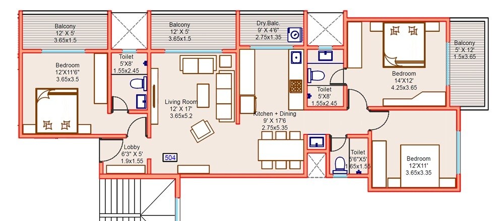 Floor plan of 3 BHK 1300 Sq. Ft. Apartment in Kotibhaskar Aditya, Pune
