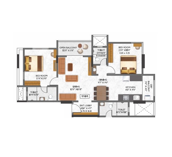 Floor plan of 2 BHK 799 Sq. Ft. Apartment in Kotibhaskar Adiyogi, Pune