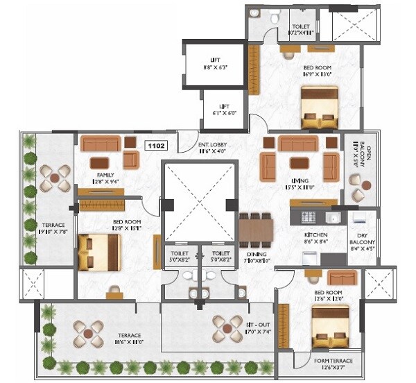 Floor plan of 3 BHK 1284 Sq. Ft. Apartment in Kotibhaskar Adiyogi, Pune