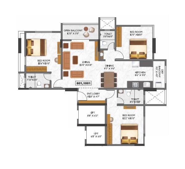 Floor plan of 3 BHK 1143 Sq. Ft. Apartment in Kotibhaskar Adiyogi, Pune
