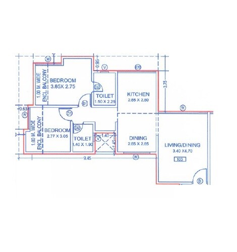 Floor plan of 2 BHK 1037 Sq. Ft. Apartment in Kotibhaskar Anant, Pune
