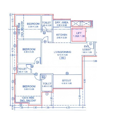 Floor plan of 3 BHK 1059 Sq. Ft. Apartment in Kotibhaskar Anant, Pune