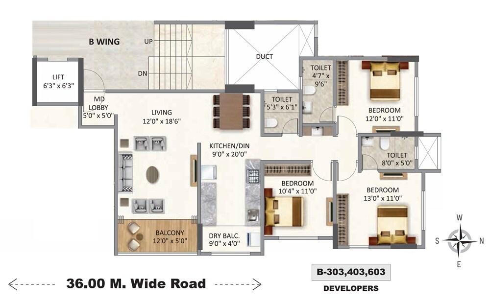 Floor plan of 3 BHK 1154 Sq. Ft. Apartment in Kotibhaskar Gomati Narmada CHSL, Pune