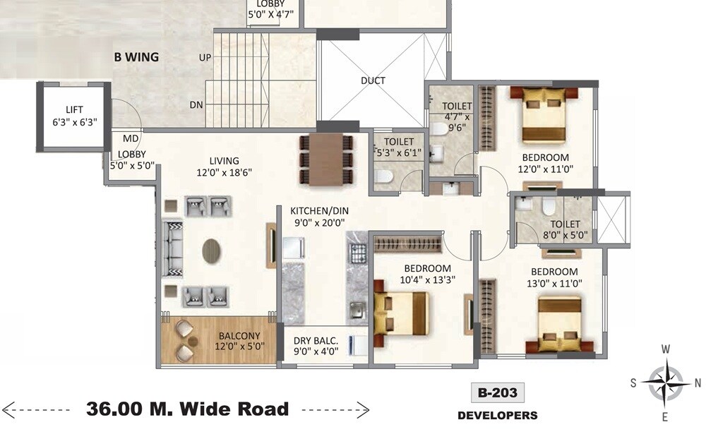 Floor plan of 3 BHK 1181 Sq. Ft. Apartment in Kotibhaskar Gomati Narmada CHSL, Pune