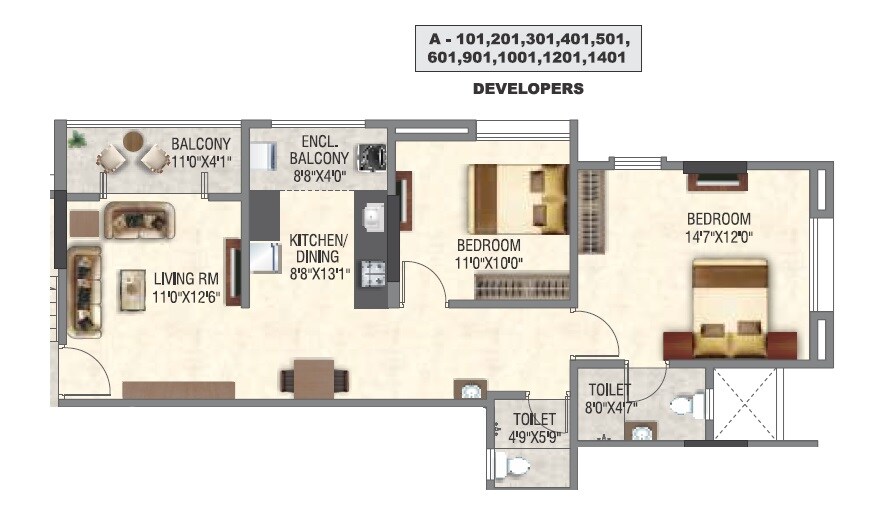 Floor plan of 2 BHK 781 Sq. Ft. Apartment in Kotibhaskar Kaivalya CHSL, Pune