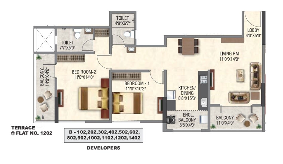 Floor plan of 2 BHK 901 Sq. Ft. Apartment in Kotibhaskar Kaivalya CHSL, Pune