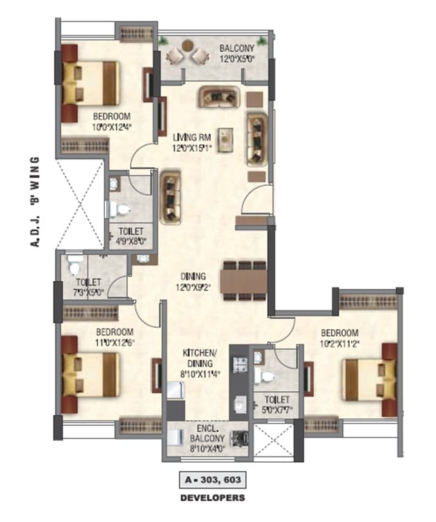 Floor plan of 3 BHK 1094 Sq. Ft. Apartment in Kotibhaskar Kaivalya CHSL, Pune