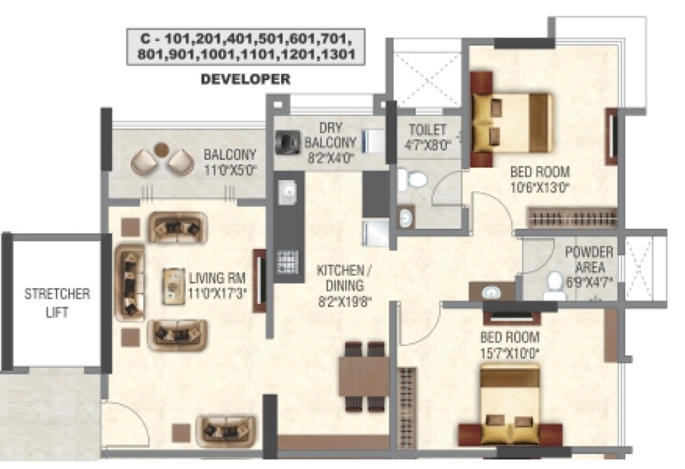 Floor plan of 2 BHK 887 Sq. Ft. Apartment in Kotibhaskar Ketan Heights CHSL, Pune