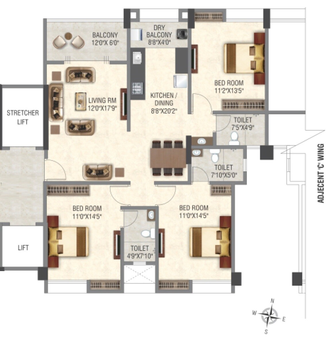 Floor plan of 3 BHK 1147 Sq. Ft. Apartment in Kotibhaskar Ketan Heights CHSL, Pune