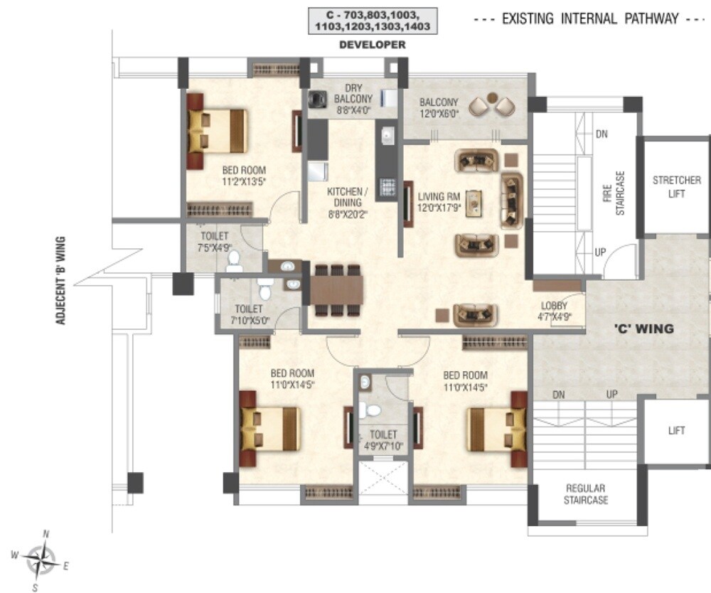 Floor plan of 3 BHK 1218 Sq. Ft. Apartment in Kotibhaskar Ketan Heights CHSL, Pune