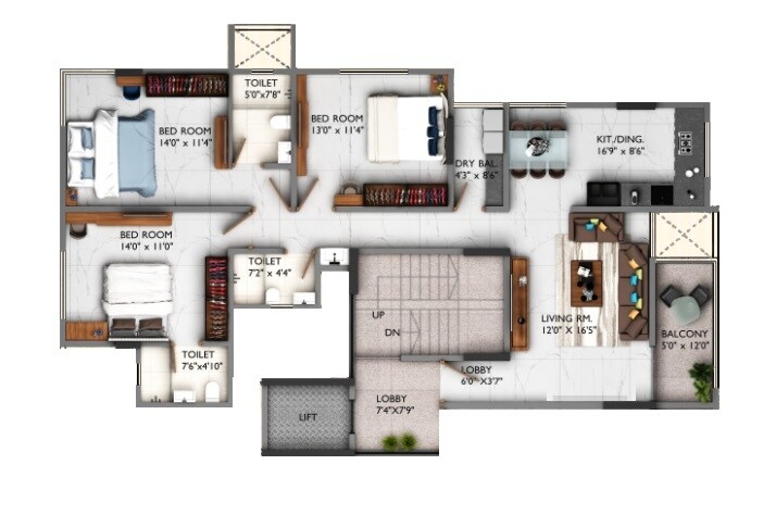 Floor plan of 3 BHK 804 Sq. Ft. Apartment in Kotibhaskar Mukund, Pune