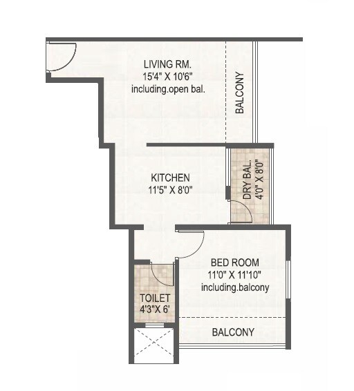 Floor plan of 1 BHK 434 Sq. Ft. Apartment in Kotibhaskar Parshwa, Pune
